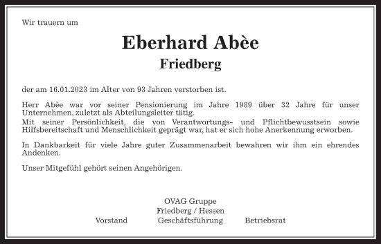 Traueranzeige von Eberhard Abée von Wetterauer Zeitung, Wetterauer Zeitung