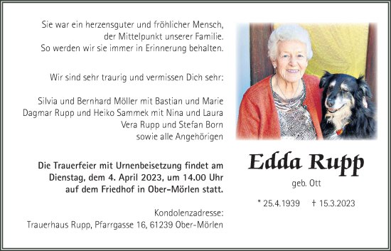 Traueranzeige von Edda Rupp von Wetterauer Zeitung
