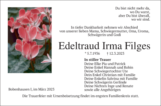 Traueranzeige von Edeltraud Irma Filges von Kreis-Anzeiger