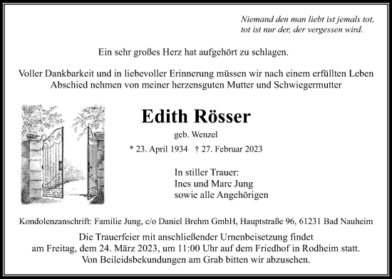 Traueranzeige von Edith Rösser von Wetterauer Zeitung