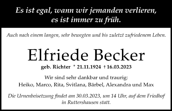 Traueranzeige von Elfriede Becker von Giessener Anzeiger, Giessener Allgemeine, Alsfelder Allgemeine