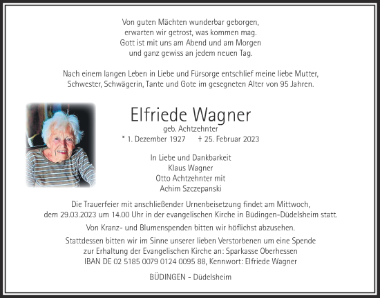 Traueranzeige von Elfriede Wagner von Kreis-Anzeiger