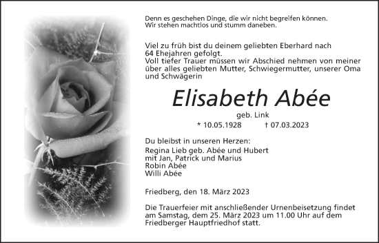 Traueranzeige von Elisabeth Abée von Wetterauer Zeitung