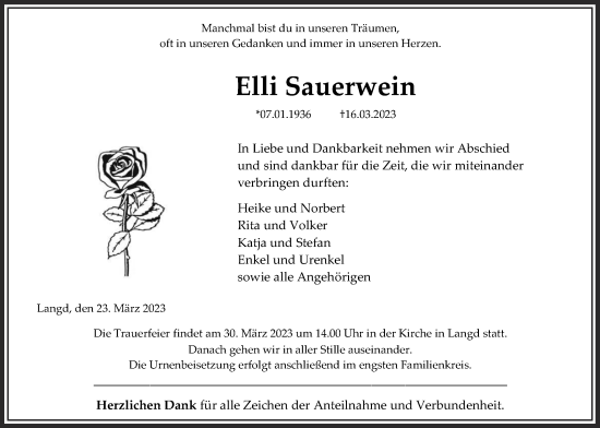 Traueranzeige von Elli Sauerwein von Licher Wochenblatt