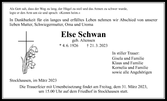 Traueranzeige von Else Schwan von Giessener Allgemeine, Alsfelder Allgemeine