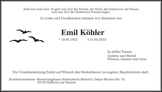 Traueranzeige von Emil Köhler 