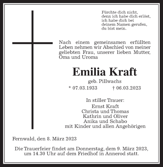 Traueranzeige von Emilia Kraft von Wetterauer Zeitung, Giessener Allgemeine, Alsfelder Allgemeine, Giessener Anzeiger