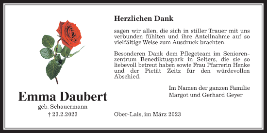 Traueranzeige von Emma Daubert von Kreis-Anzeiger