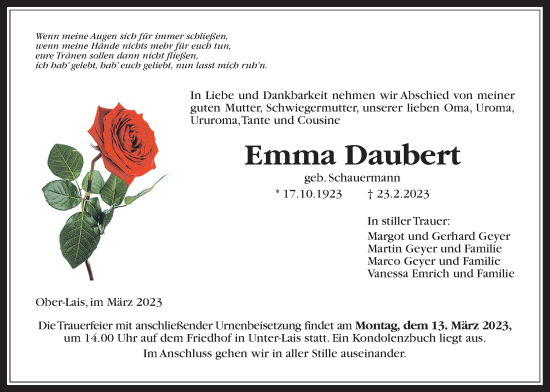Traueranzeige von Emma Daubert von Kreis-Anzeiger