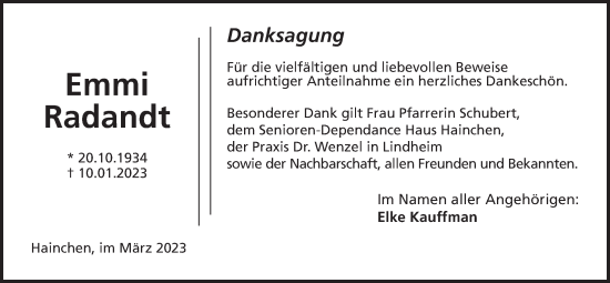 Traueranzeige von Emmi Radandt von Kreis-Anzeiger