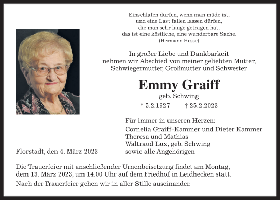 Traueranzeige von Emmy Graiff von Wetterauer Zeitung, Wetterauer Zeitung