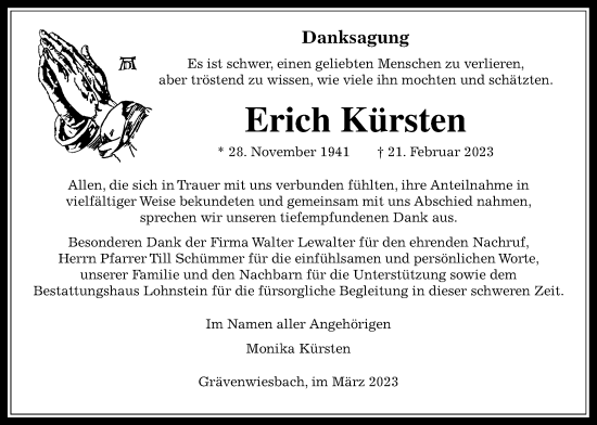 Traueranzeige von Erich Kürsten von Usinger Anzeiger