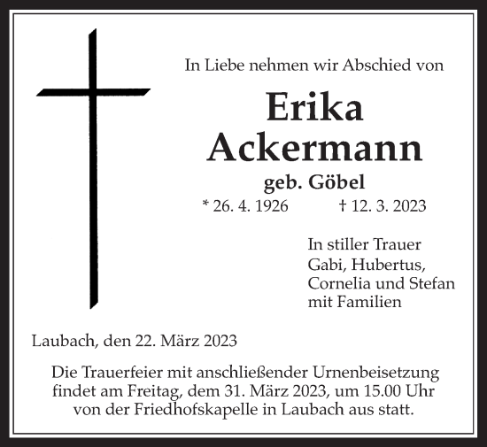 Traueranzeige von Erika Ackermann von Laubacher Anzeiger