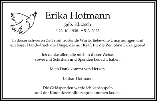 Traueranzeige von Erika Hofmann von Bad Vilbel/Karben