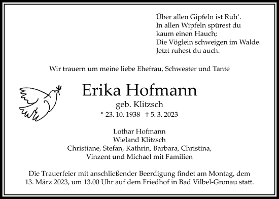 Traueranzeige von Erika Hofmann von Bad Vilbel/Karben