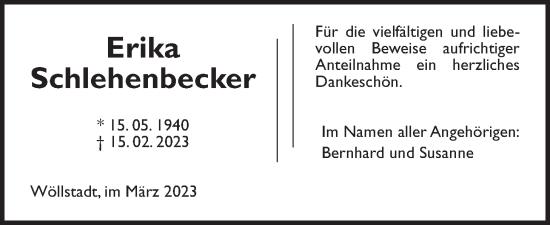 Traueranzeige von Erika Schlehenbecker von Wetterauer Zeitung