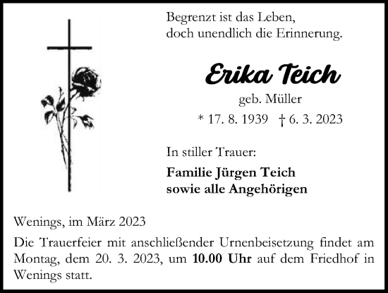 Traueranzeige von Erika Teich von Kreis-Anzeiger