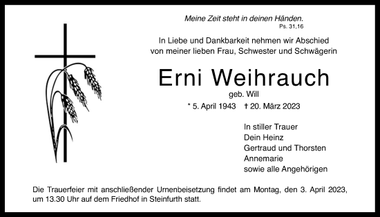 Traueranzeige von Erni Weihrauch von Wetterauer Zeitung