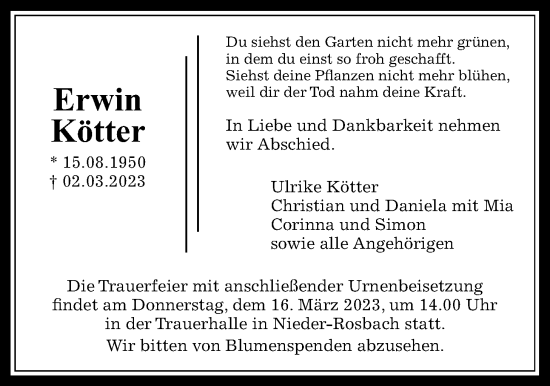 Traueranzeige von Erwin Kötter von Wetterauer Zeitung