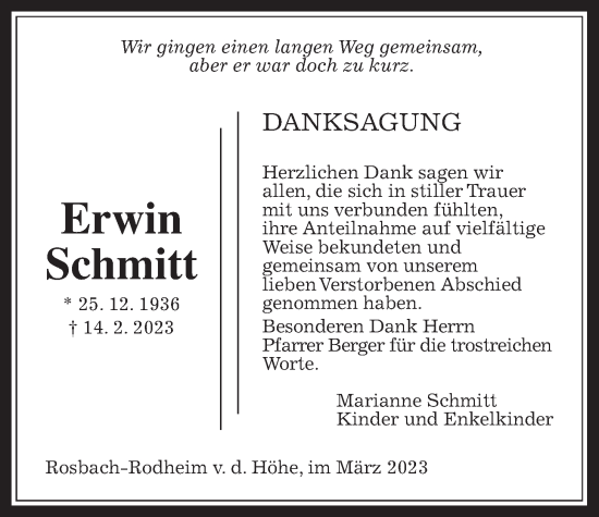 Traueranzeige von Erwin Schmitt von Wetterauer Zeitung