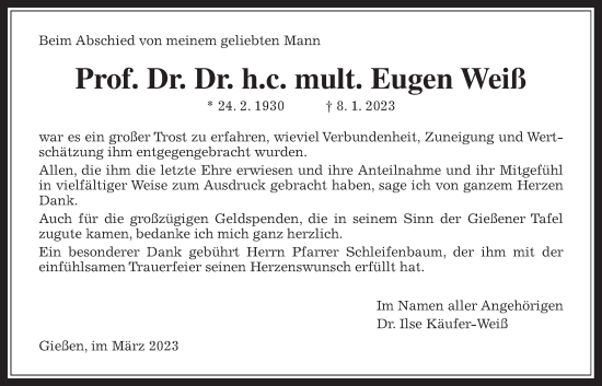 Traueranzeige von Eugen Weiß von Giessener Anzeiger, Giessener Allgemeine, Alsfelder Allgemeine
