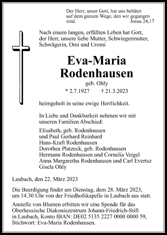 Traueranzeige von Eva-Maria Rodenhausen von Giessener Anzeiger, Giessener Allgemeine, Alsfelder Allgemeine