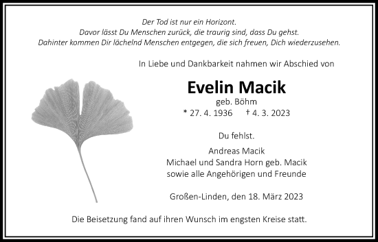 Traueranzeige von Evelin Macik von Giessener Allgemeine, Alsfelder Allgemeine, Giessener Anzeiger