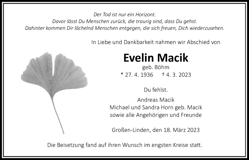  Traueranzeige für Evelin Macik vom 18.03.2023 aus Giessener Allgemeine, Alsfelder Allgemeine, Giessener Anzeiger