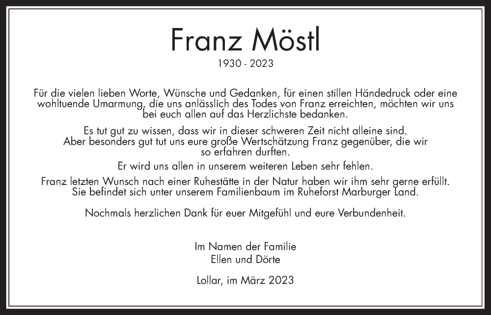  Traueranzeige für Franz Möstl vom 18.03.2023 aus Giessener Allgemeine, Alsfelder Allgemeine, Giessener Anzeiger