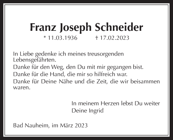 Traueranzeige von Franz Joseph Schneider von Wetterauer Zeitung