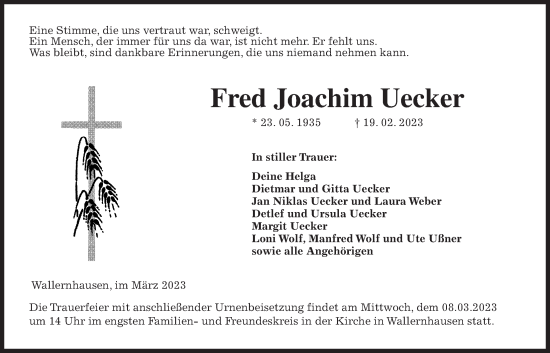 Traueranzeige von Fred Joachim Uecker von Kreis-Anzeiger