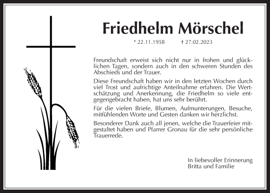 Traueranzeige von Friedhelm Mörschel von Wetterauer Zeitung