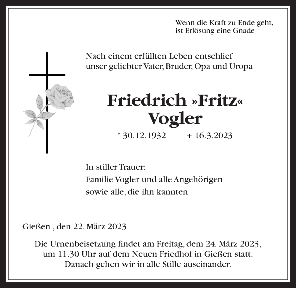 Traueranzeige für Friedrich Vogler vom 22.03.2023 aus Giessener Anzeiger