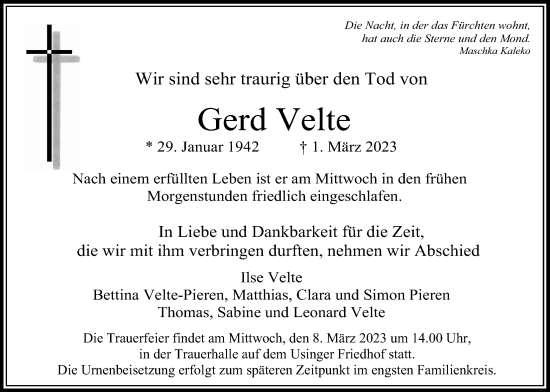 Traueranzeige von Gerd Velte von Usinger Anzeiger