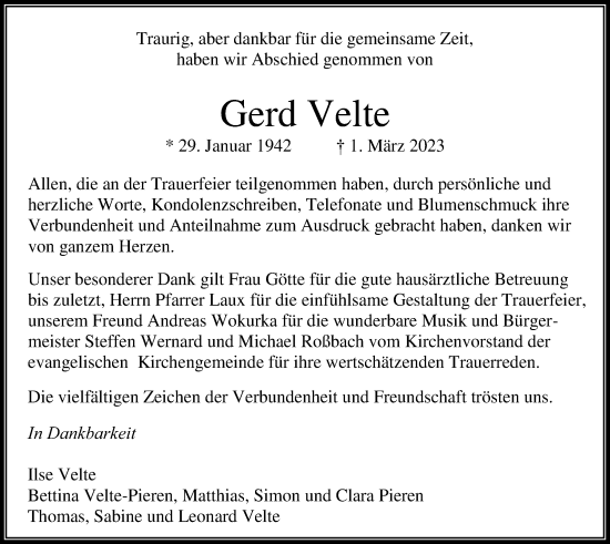 Traueranzeige von Gerd Velte von Usinger Anzeiger