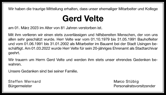 Traueranzeige von Gerd Velte von Usinger Anzeiger