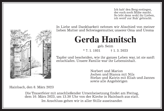 Traueranzeige von Gerda Hanitsch von Alsfelder Allgemeine