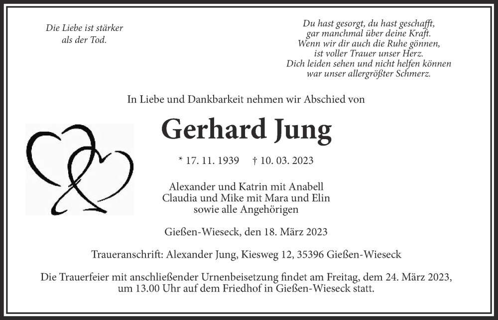  Traueranzeige für Gerhard Jung vom 18.03.2023 aus Giessener Allgemeine, Alsfelder Allgemeine, Giessener Anzeiger