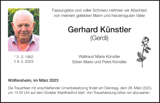 Traueranzeige von Gerhard Künstler von Wetterauer Zeitung