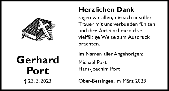 Traueranzeige von Gerhard Port von Giessener Allgemeine, Alsfelder Allgemeine, Giessener Anzeiger