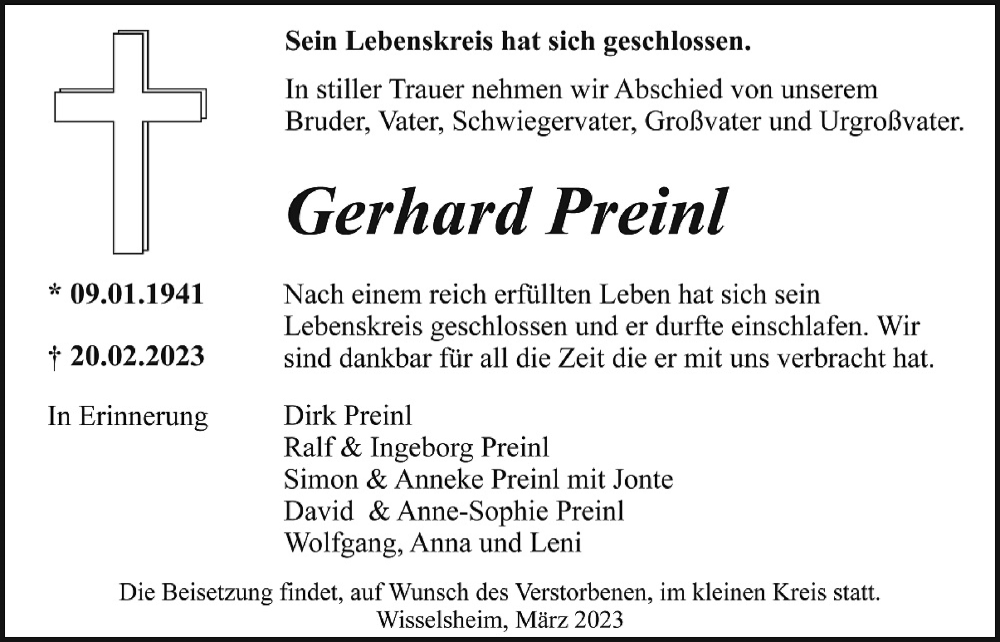  Traueranzeige für Gerhard Preinl vom 04.03.2023 aus Wetterauer Zeitung