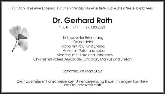 Traueranzeige von Gerhard Roth von Kreis-Anzeiger, Giessener Anzeiger