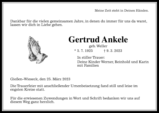 Traueranzeige von Gertrud Ankele von Giessener Anzeiger, Giessener Allgemeine, Alsfelder Allgemeine
