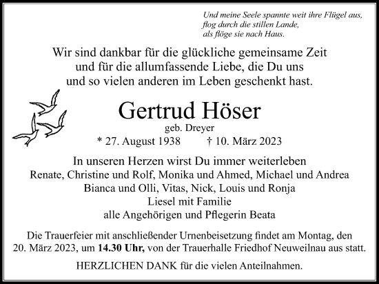 Traueranzeige von Gertrud Höser von Usinger Anzeiger
