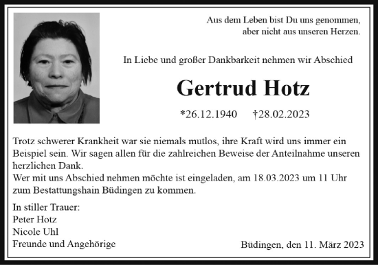 Traueranzeige von Gertrud Hotz von Kreis-Anzeiger