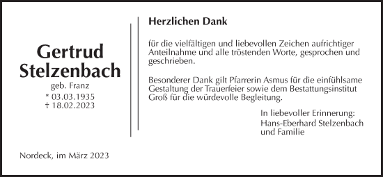 Traueranzeige von Gertrud Stelzenbach von Allendorfer Mitteilungen, Giessener Allgemeine, Alsfelder Allgemeine, Giessener Anzeiger