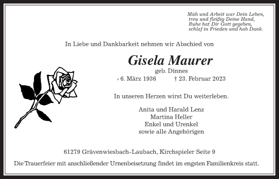 Traueranzeige von Gisela Maurer von Usinger Anzeiger