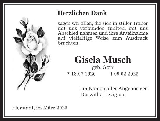 Traueranzeige von Gisela Musch von Wetterauer Zeitung, Wetterauer Zeitung