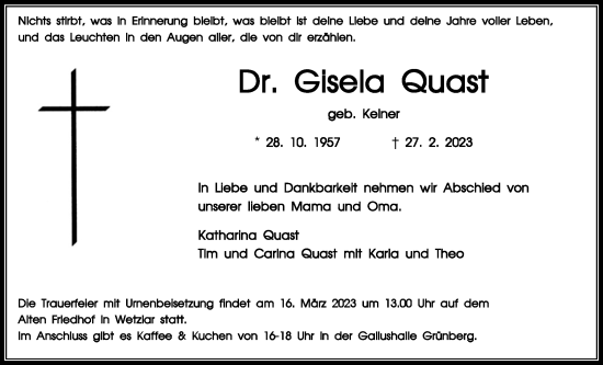 Traueranzeige von Gisela Quast von Giessener Anzeiger, Giessener Allgemeine, Alsfelder Allgemeine