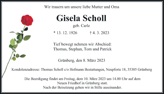 Traueranzeige von Gisela Scholl von Giessener Anzeiger, Giessener Allgemeine, Alsfelder Allgemeine